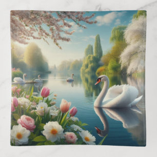 Floral swan lake spring artwork trinket tray