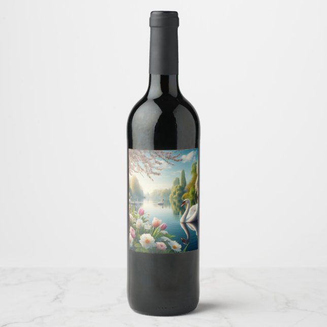 Floral swan lake spring artwork wine label (Front)