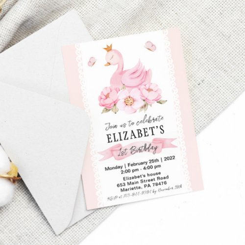 Floral Swan Princess Birthday Party Invitation