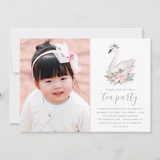 Floral Swan Princess Birthday Photo Tea Party Invitation (Front)