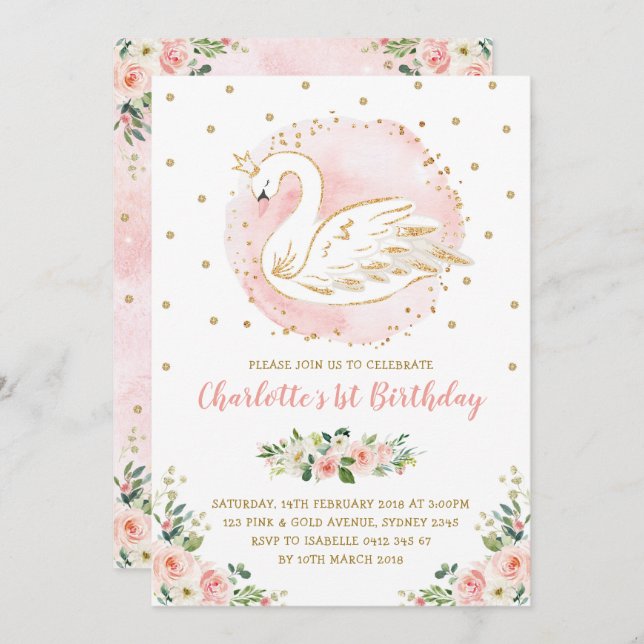 Floral Swan Princess / Peach Blush Gold Birthday Invitation (Front/Back)