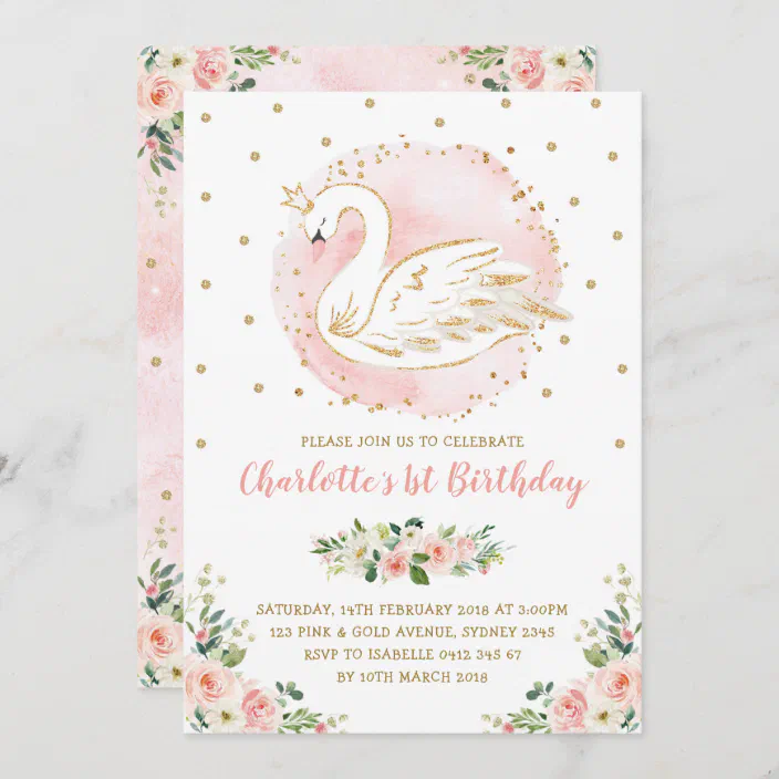 Floral Swan Princess Peach Blush Gold Birthday Invitation Zazzle Com