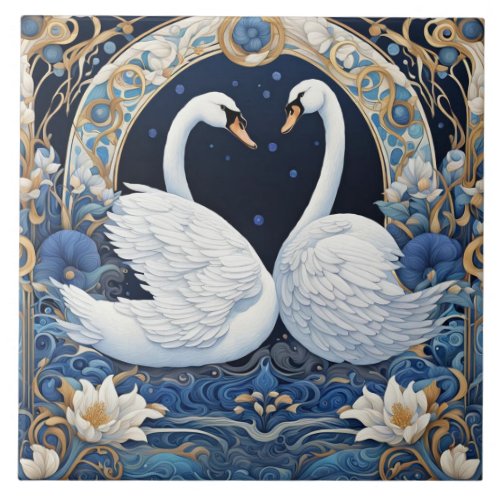 Floral Swans Art Nouveau Bird Art Deco Blue Ceramic Tile