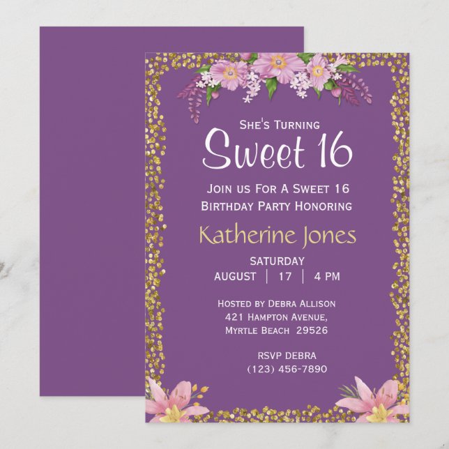 Floral  Sweet 16 Birthday Party Invitations (Front/Back)