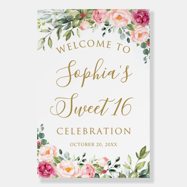 Floral Sweet 16 Birthday Welcome Sign with Greener (Front)