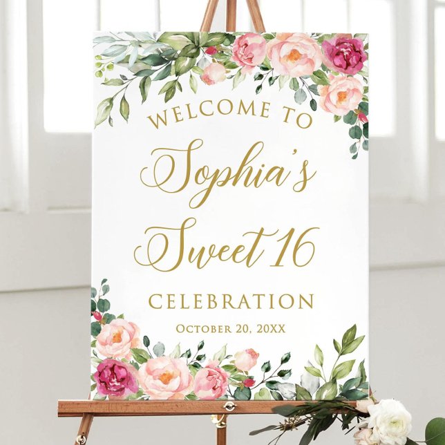 Floral Sweet 16 Birthday Welcome Sign with Greener (Creator Uploaded)