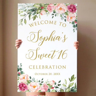 Floral Sweet 16 Birthday Welcome Sign with Greener