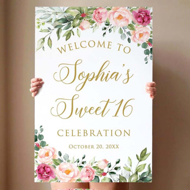 Floral Sweet 16 Birthday Welcome Sign with Greener (Creator Uploaded)