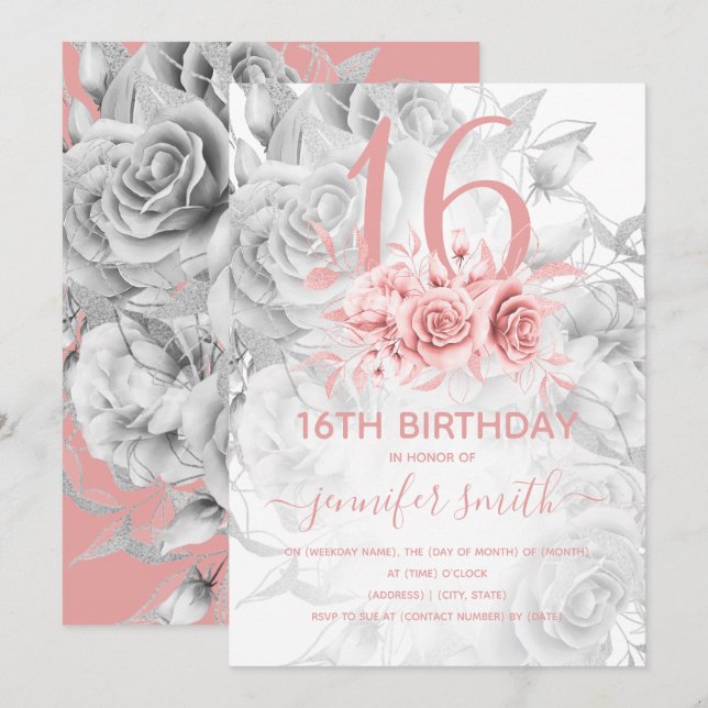 Floral Sweet 16th Girly Rose Gold & Silver Invitation (Front/Back)
