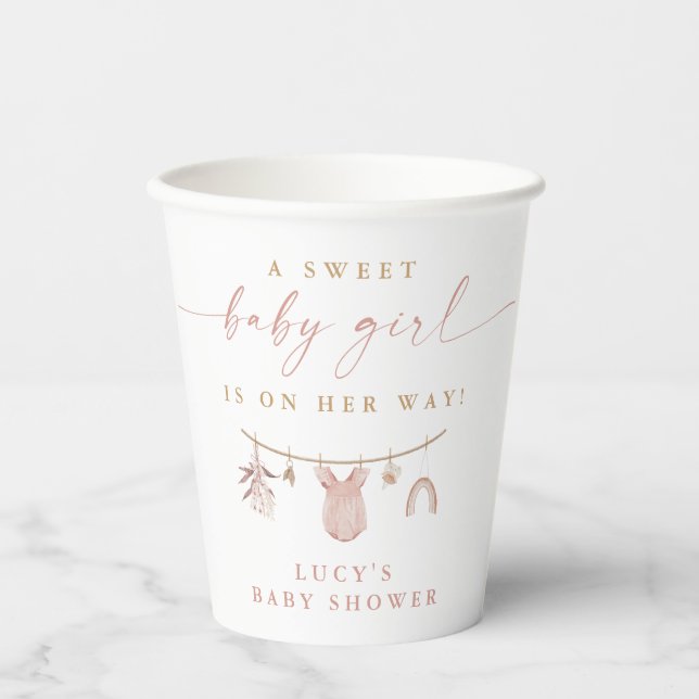 Floral Sweet Baby Girl Clothesline Baby Shower Paper Cups (Front)
