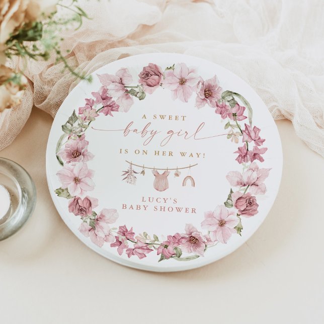Floral Sweet Baby Girl Clothesline Baby Shower Paper Plates (Creator Uploaded)