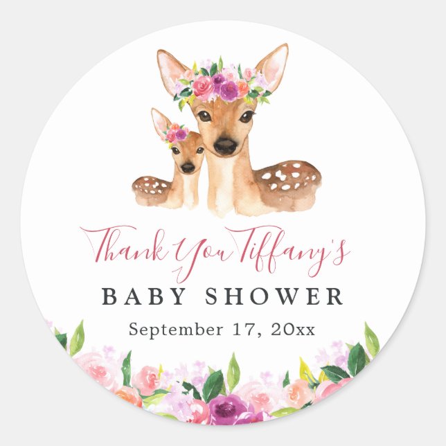 Floral Sweet Deer Mom And Baby Baby Shower Classic Round Sticker (Front)
