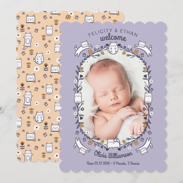 Floral Sweet Little kitty Cat Birth Announcement (Front/Back)