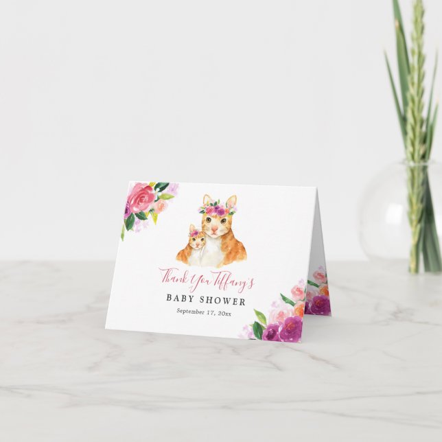 Floral Sweet Mom And Baby Cat Baby Shower Thank You Card (Front)