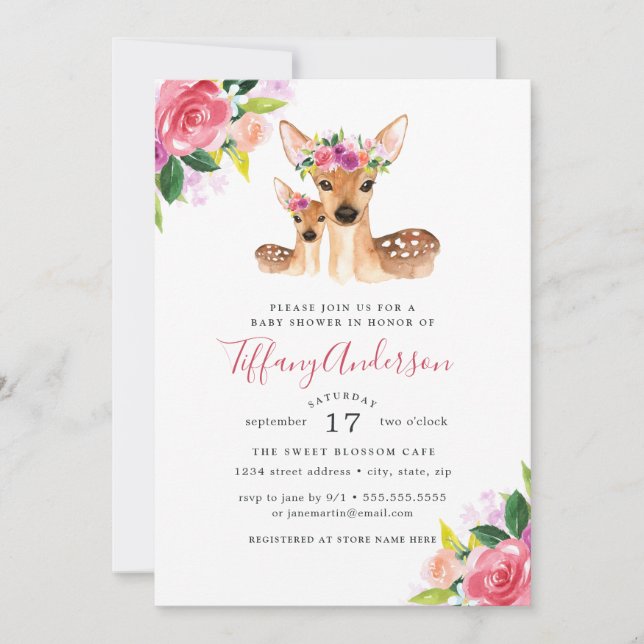 Floral Sweet Mom And Baby Deer Baby Shower Invitation (Front)