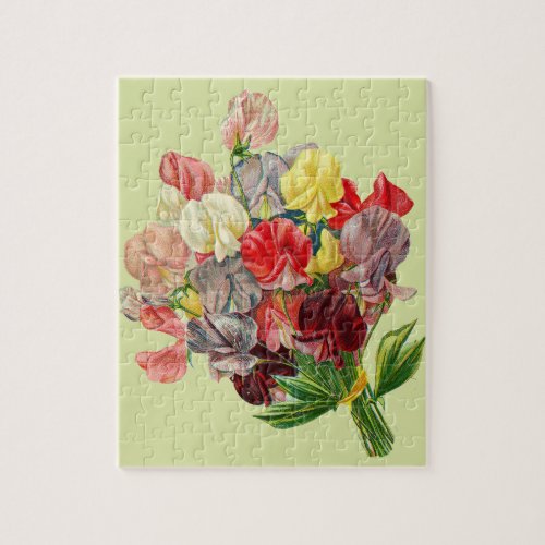 Floral Sweet Peas Pink Red Yellow Grey Bouquet Jigsaw Puzzle