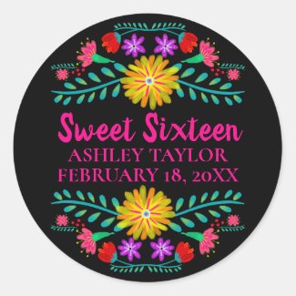 Floral Sweet Sixteen Black Pink Mexican Fiesta Classic Round Sticker