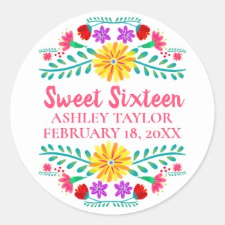 Floral Sweet Sixteen White Pink Mexican Fiesta Classic Round Sticker