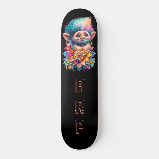 *~* Floral Sweet Troll AP89 Neon Rainbow Initials Skateboard (Front)