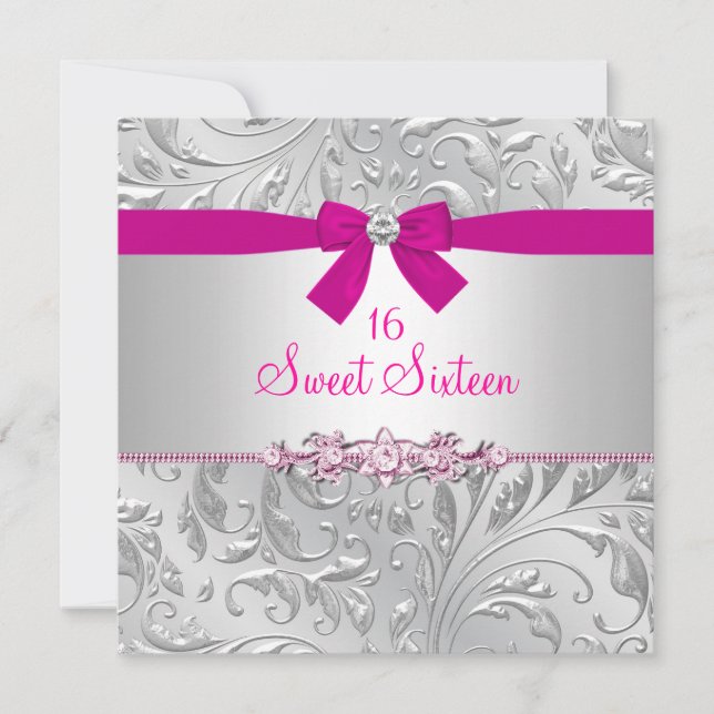 Floral Swirl & Bow Pink Sweet Sixteen Invite (Front)