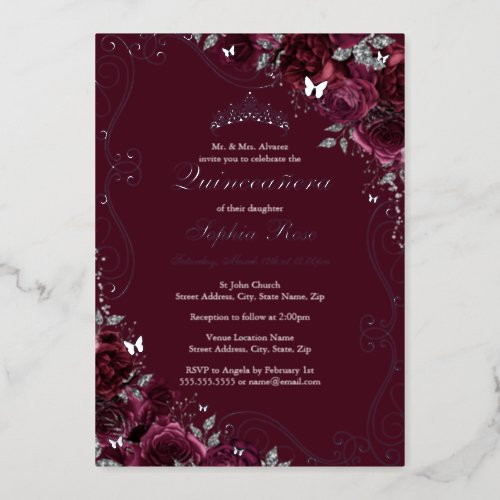 Floral Swirl Butterfly Burgundy Quinceanera Foil Invitation