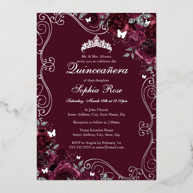Floral Swirl Butterfly Burgundy Quinceanera Foil Invitation (Front)