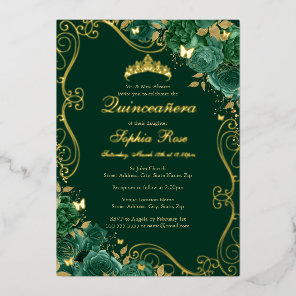 Floral Swirl Butterfly Emerald Quinceanera Foil Invitation