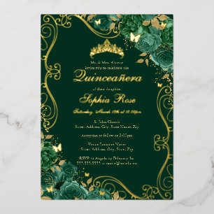 Floral Swirl Butterfly Emerald Quinceanera Foil Invitation