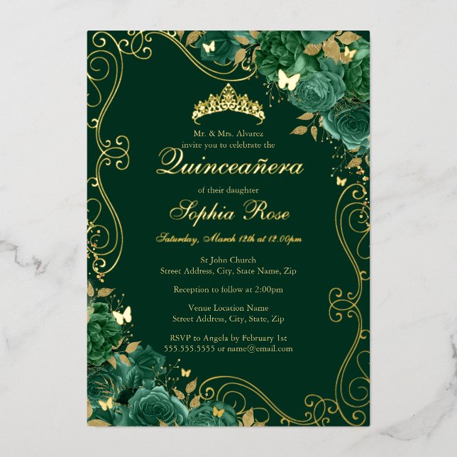 Floral Swirl Butterfly Emerald Quinceanera Foil Invitation (Front)