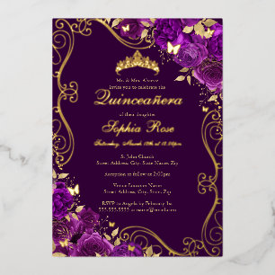 Floral Swirl Butterfly Purple Quinceanera Foil Invitation