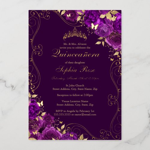 Floral Swirl Butterfly Purple Quinceanera Foil Invitation