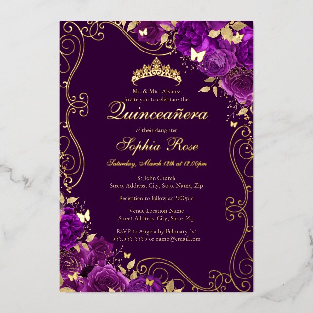 Floral Swirl Butterfly Purple Quinceanera Foil Invitation (Front)