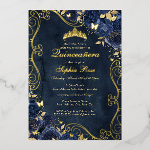 Floral Swirl Gold Navy Butterfly Quinceanera Foil Invitation