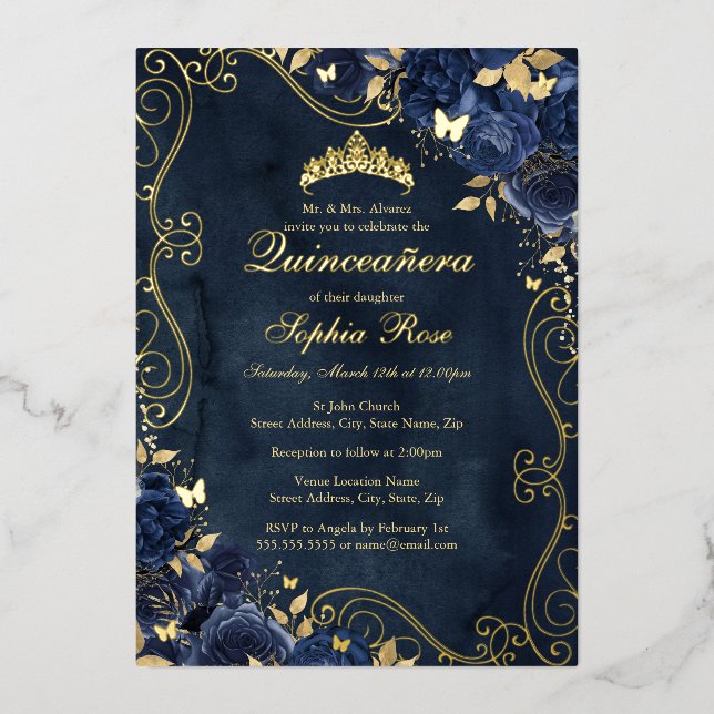 Floral Swirl Gold Navy Butterfly Quinceanera Foil Invitation (Front)