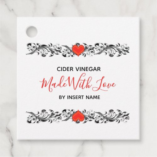 Floral swirl heart homemade with love square favor tags