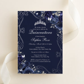 Floral Swirl Navy Silver Butterfly Quinceanera Foil Invitation