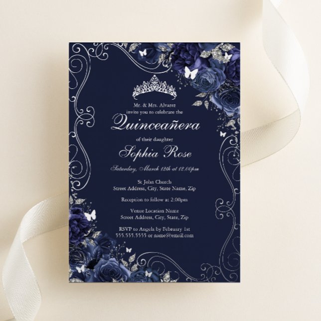 Floral Swirl Navy Silver Butterfly Quinceanera Foil Invitation (Creator Uploaded)