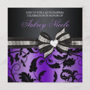 Floral Swirl Quinceañera Invite With Jeweled Bow