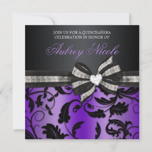 Floral Swirl Quinceañera Invite With Jeweled Bow