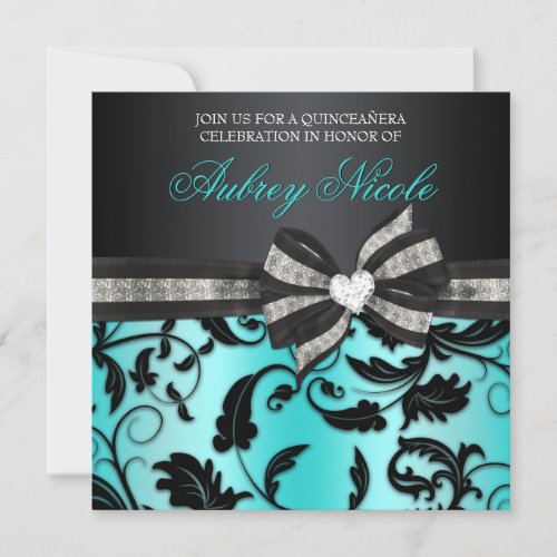 Floral Swirl Quinceañera Invite With Jeweled Bow