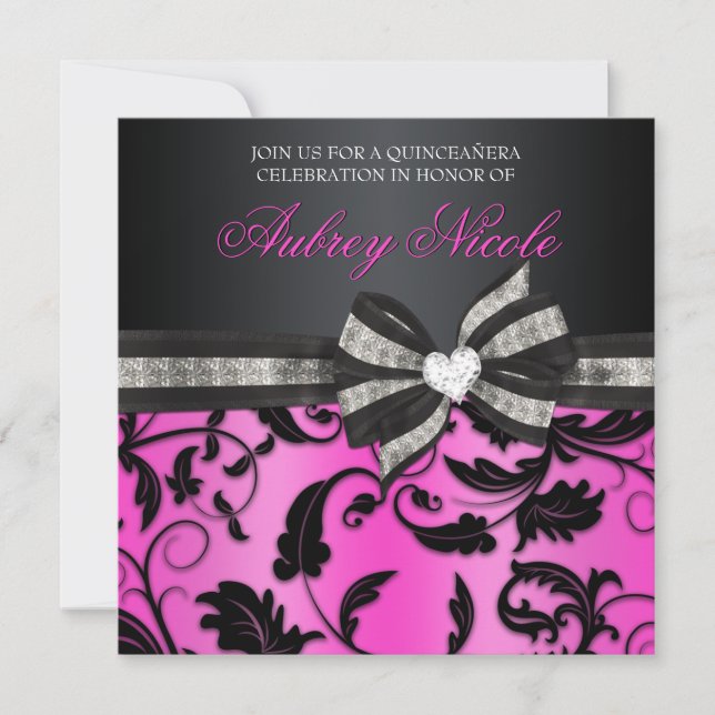 Floral Swirl Quinceañera Invite With Jeweled Bow (Front)