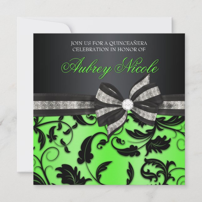 Floral Swirl Quinceañera Invite With Jeweled Bow (Front)