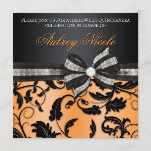 Floral Swirl Quinceañera Invite With Jeweled Bow