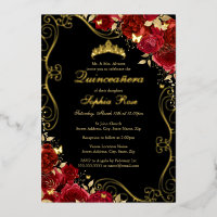 Floral Swirl Red Gold Black Butterfly Quinceanera