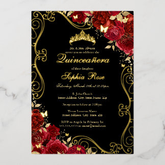 Floral Swirl Red Gold Black Butterfly Quinceanera Foil Invitation