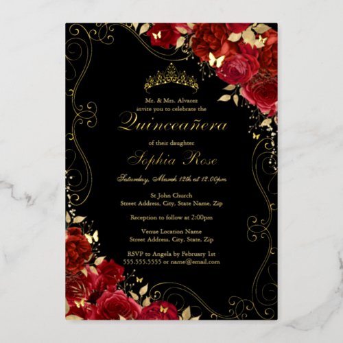 Floral Swirl Red Gold Black Butterfly Quinceanera Foil Invitation