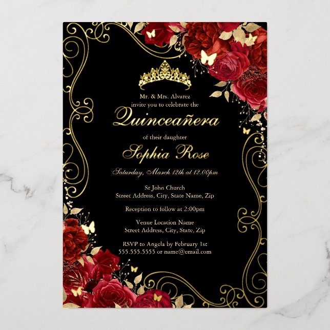 Floral Swirl Red Gold Black Butterfly Quinceanera Foil Invitation (Front)