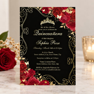 Floral Swirl Red Gold Black Butterfly Quinceanera Foil Invitation