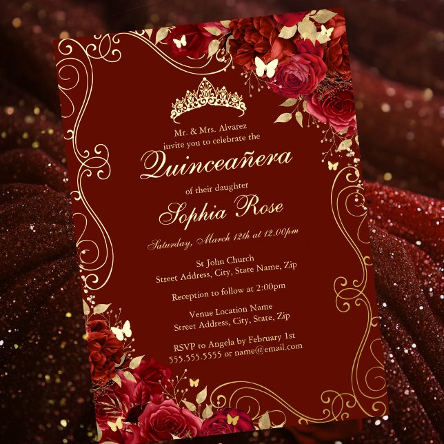 Floral Swirl Red Gold Butterfly Quinceanera Foil Invitation (Creator Uploaded)