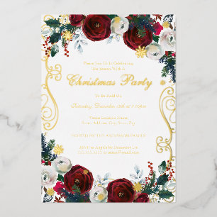 Floral Swirl Red Gold Christmas Party  Foil Invitation